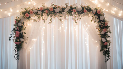 Floral Arch and Lights: An elegant floral arch, adorned with delicate blooms, frames a soft, flowing fabric backdrop, illuminated by twinkling fairy lights.