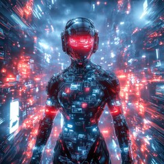 Futuristic Cyberpunk Gamer Woman in VR Suit with Neon Glow