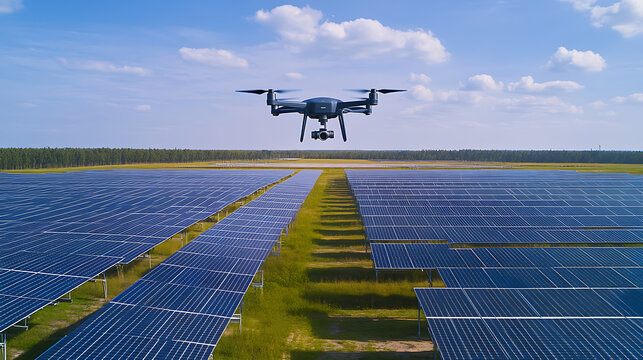 A drone inspecting solar panels for maintenance, vast solar farm with drones flying overhead and real-time data displayed on screens, High-tech style