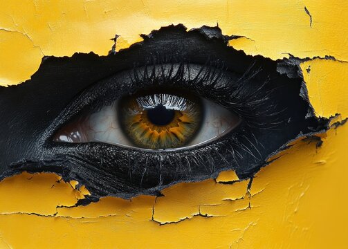 Surreal Artistic Collage Close-up of Human Eye Emerging from Torn Black Paper on Yellow Background Abstract Design