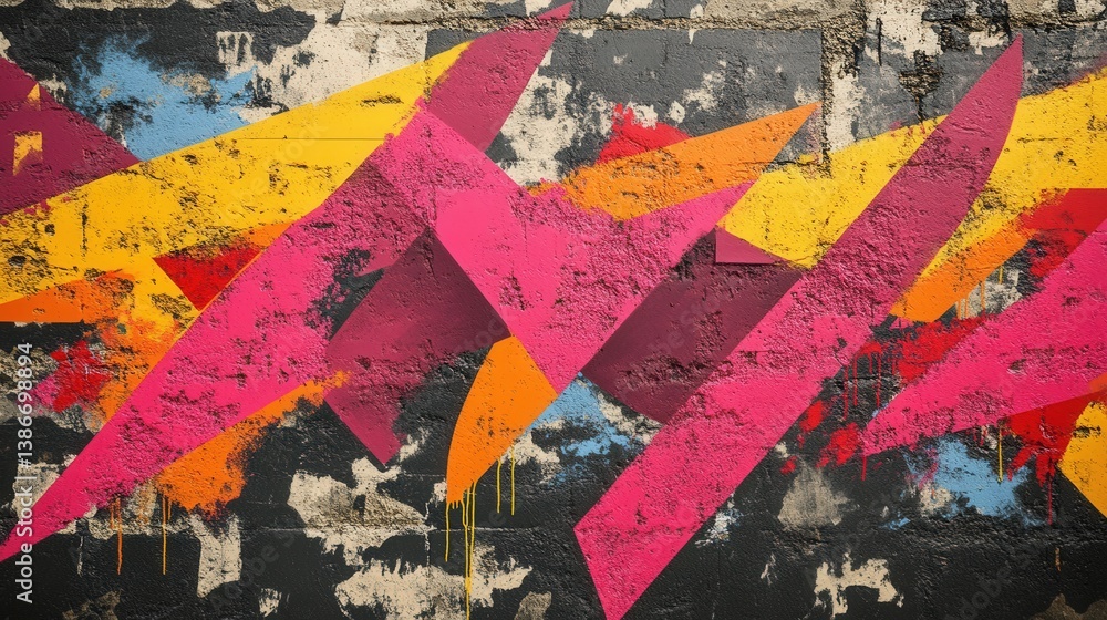 Poster graphic pattern on a textured wall, with splashes of vibrant colors and abstract shapes. ideal for u