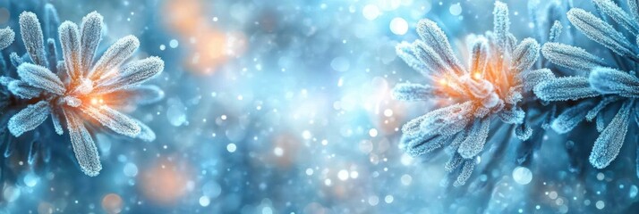 Winter Wonderland Frosted Pine Needles with Snowfall and Beautiful Bokeh in Blue Tones