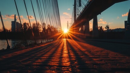 Obraz premium dramatic sunset shot of a steel cable bridge, its shadows casting intricate patterns over the riverbed.