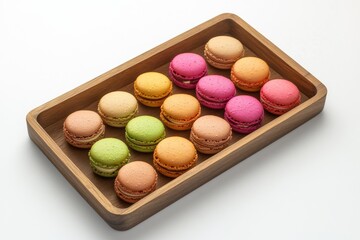 A wooden tray of colorful macarons arranged in a neat pattern. Featuring delicacy and variety