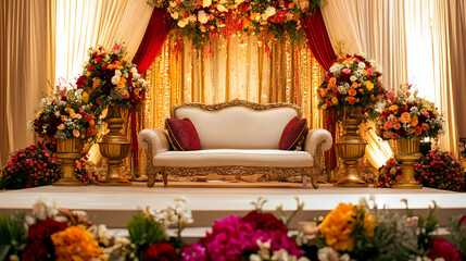 Fototapeta premium Elegant Wedding Stage: a stage meticulously adorned with vibrant floral arrangements, golden accents, and rich textures to evoke feelings of love and celebration.