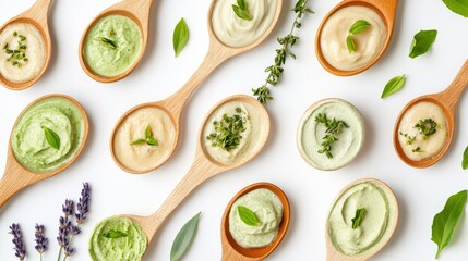 Colorful Variety of Fresh Herbal Dips and Spreads on Wooden Spoons