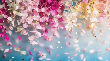 confetti and glitter backdrop with a soft, romantic vibe.