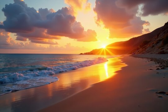 Golden light on beach of Playa de la Mina at dusk, desert, ocean