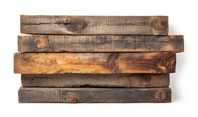 Fototapeta premium Stack of Weathered Wooden Planks Isolated on White Background - Perfect for Rustic Decor or Construction Concepts, Ideal for Designers and Builders Seeking Natural Textures.