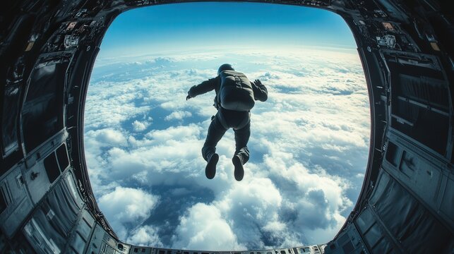 skydiver jumping out of a military aircraft. From the perspective of the airplane interior, the skydiver leap into the sky contrasts beautifully with the vast clouds below