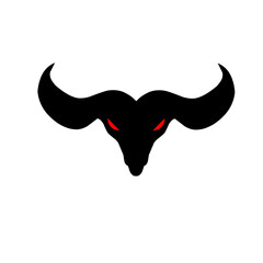Abstract representation of a bull's head with stylized features and vibrant colors on a plain background