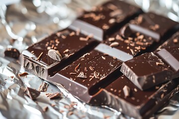 Dark Chocolate Chunks with Shavings Resting on Silver Foil Closeup Detailed