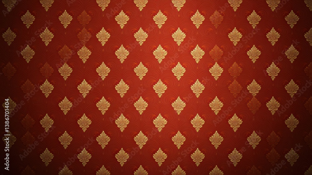 Poster a red and gold patterned wall with a gold border. the pattern is made up of small squares