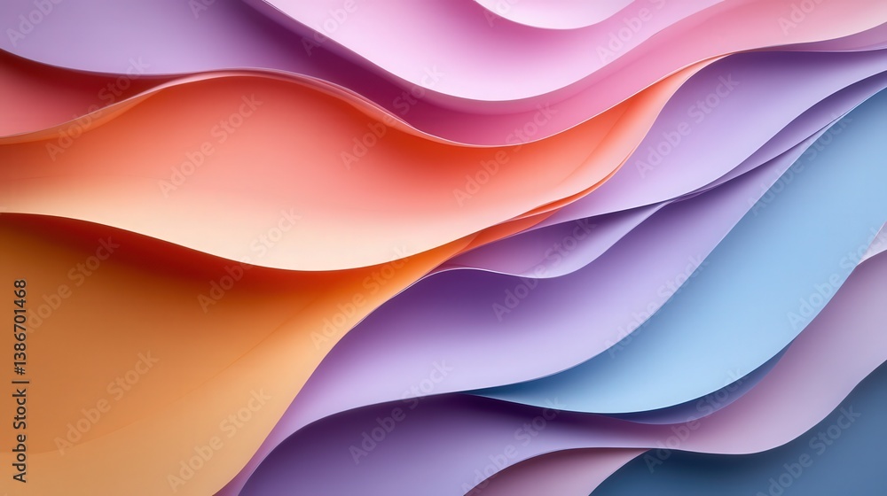 Poster bright abstract background with smooth cut paper layers in soft pastel shades, creating a layered ef