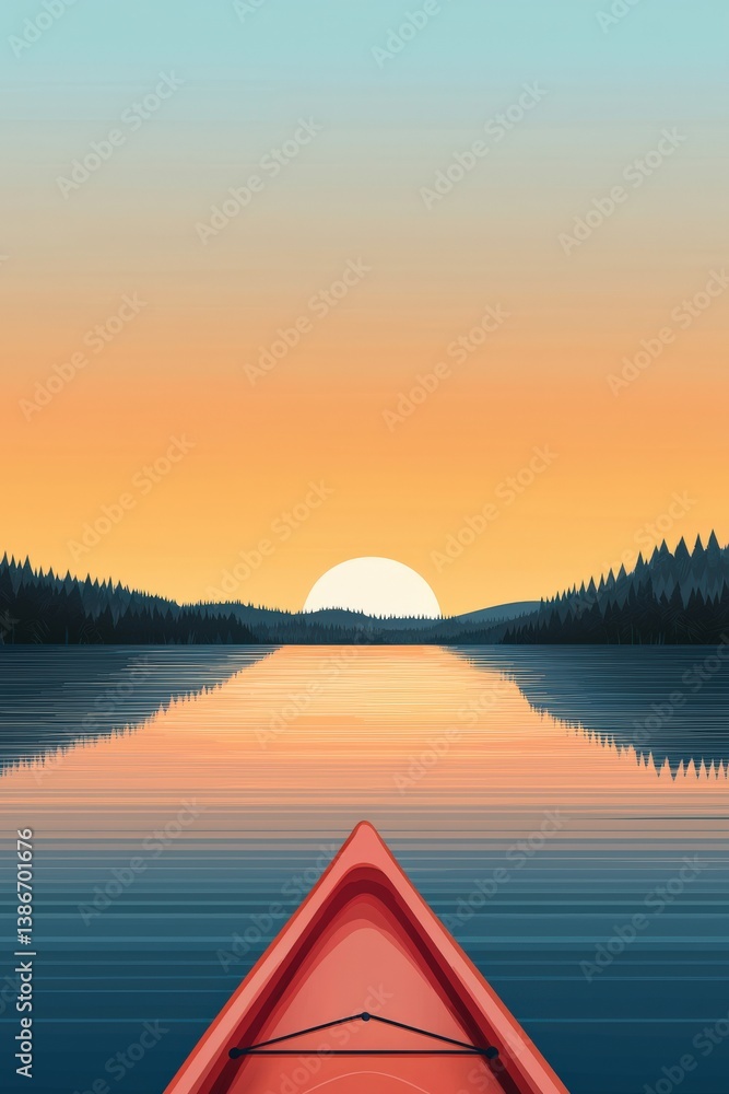 Poster a red kayak is floating on a calm lake, with the sun setting in the background