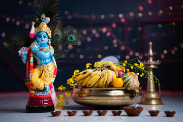 A beautiful and traditional Hindu festive setup, likely for a celebration such as Vishu, Krishna...