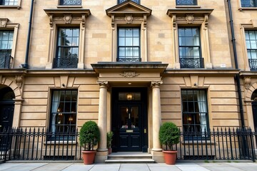 Grand fa?ade of a Georgian townhouse with intricate stonework, historic homes, london townhouses