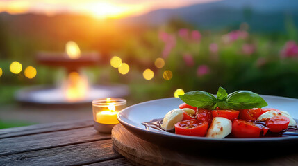 Fresh Caprese Salad with Tomatoes and Mozzarella on Rustic Table at Sunset