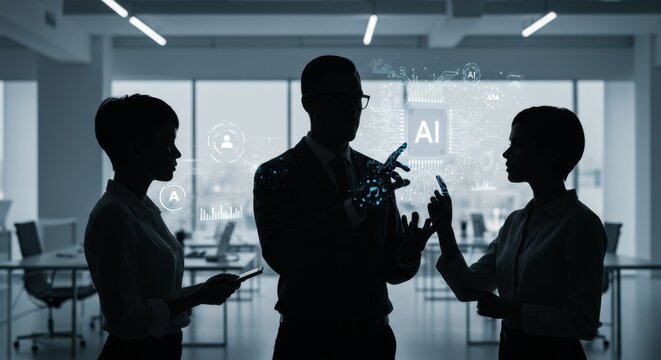 Business Team Collaboration with Futuristic AI Interface