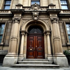 Obraz premium Grandiose stone fa?ade with intricate carvings and ornate details, mansion architecture, gargoyles