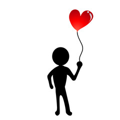 Silhouette of a person holding a red heart-shaped balloon against a white background, symbolizing love