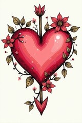 Hand-drawn heart arrow with floral patterns and vines intertwined around it, romance, decoration