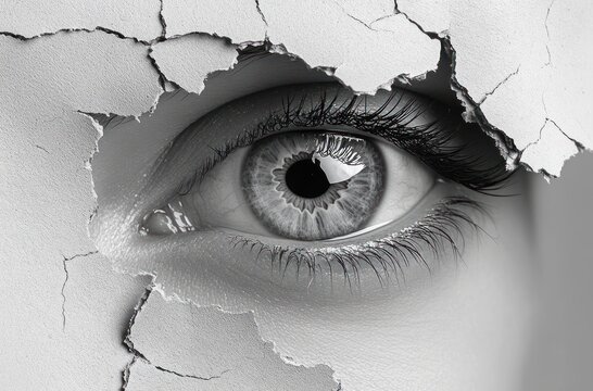 Surreal Black and White Eye Peeping Through Torn Paper Hole Minimalist Photography Detail