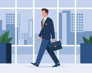 Successful Businessman Walking in Office Building with Briefcase Against Cityscape Silhouette, Modern Professional