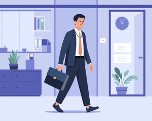 Business Professional Walking to the Office, Holding Briefcase, Corporate Illustration, Office Interior, Flat Design