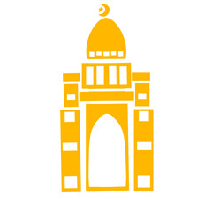 Iconic yellow silhouette of a mosque with crescent moon, set against a minimalist white background