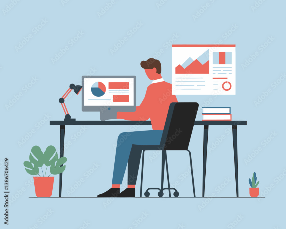 Poster data analysis at modern workplace: man working with charts and graphs on computer, visual presentati
