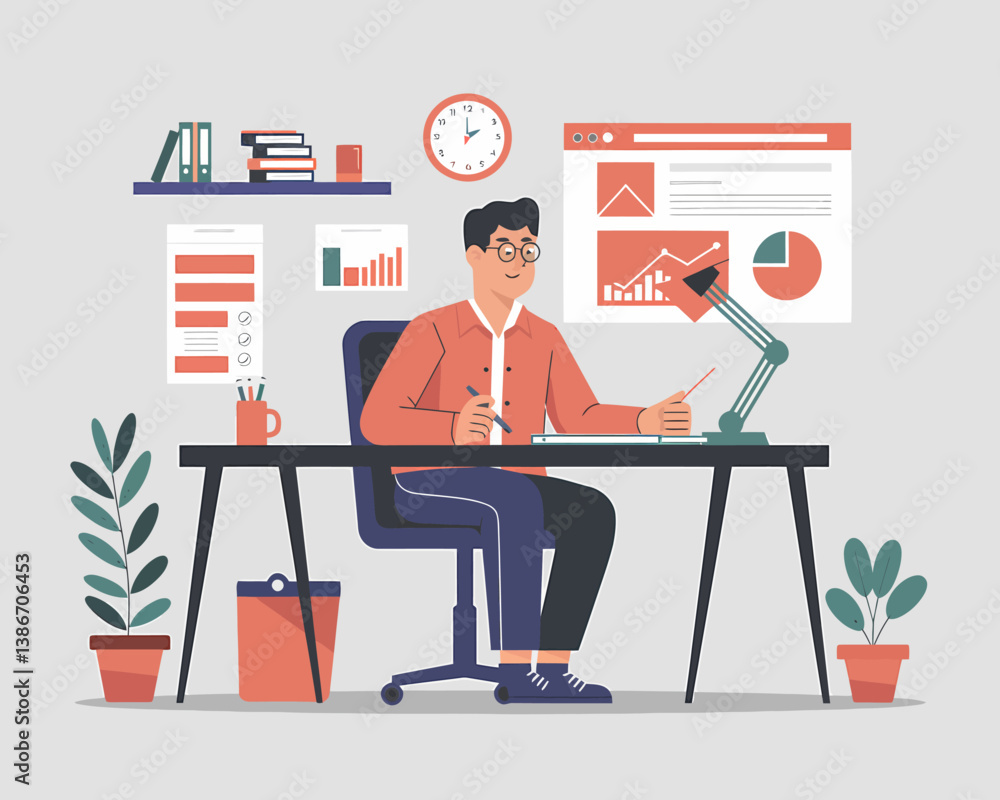 Poster focused analyst reviewing financial charts at office desk for data-driven strategic insights, foster