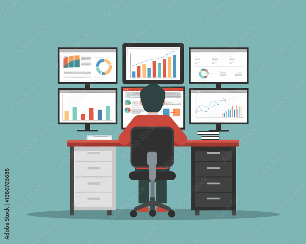 Poster flat vector illustration of a businessman analyzing financial data on multiple monitors for business
