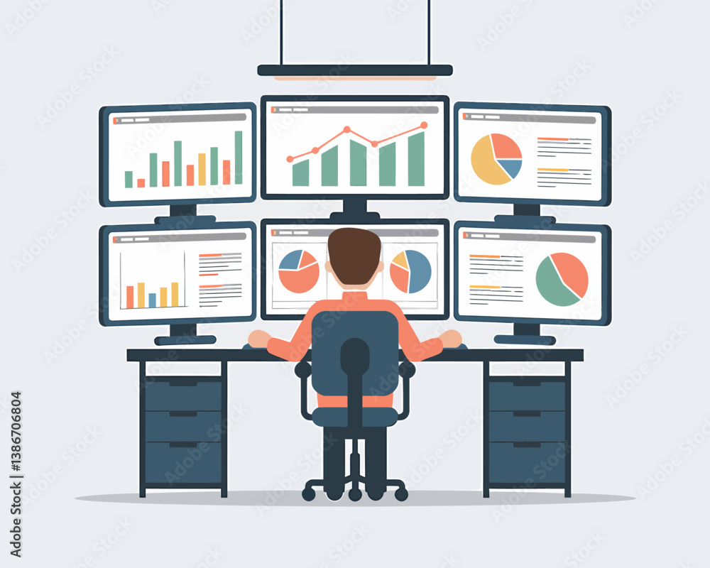 Poster data analysis professional with multiple monitors displaying charts and graphs for financial analysi