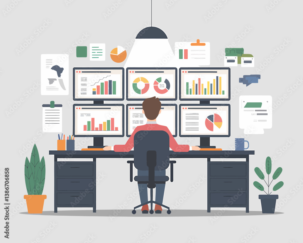 Poster data analysis dashboard workspace. a person working at a desk with multiple monitors displaying char