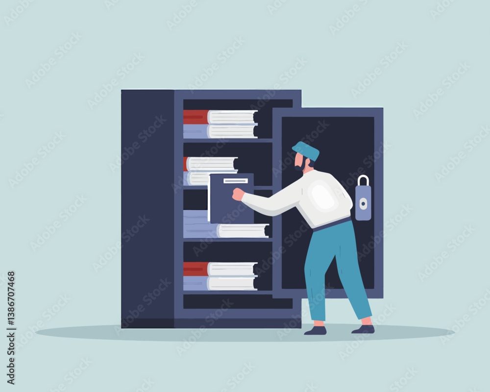 Poster man organizing documents in a filing cabinet - archiving records for efficient office workflow and i