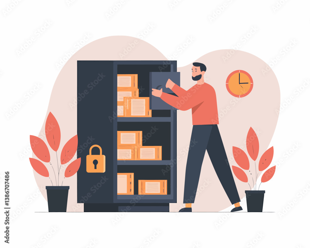 Poster man securing documents in a filing cabinet with lock and time illustration - data protection and pri