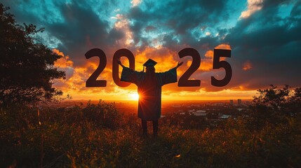 Graduate Celebration Silhouette 2025 New Year Sunset Ceremony Achievement Happiness Success