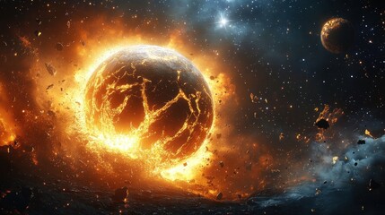 Cracked Volcanic Planet with Molten Lava in Deep Space