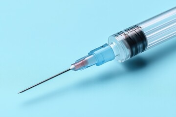 Syringe and Vaccine on Pastel Blue Background for Medical Science