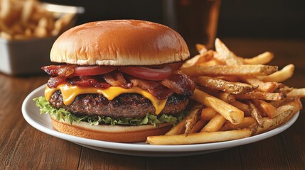 A beautifully arranged gourmet burger with fries on a plate. Featuring indulgence and satisfaction