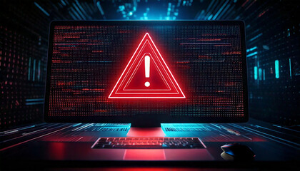  Glowing  warning sign on desktop Screen in data center room, dark Scene 