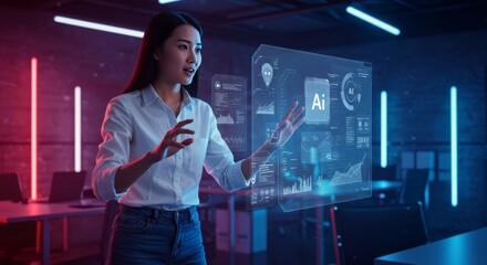 Asian woman interacting with holographic AI display in a modern office space