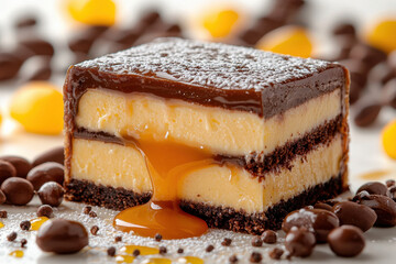 Photography Close-up Decadent caramel filled layered dessert with chocolate and cream, garnished beautifully