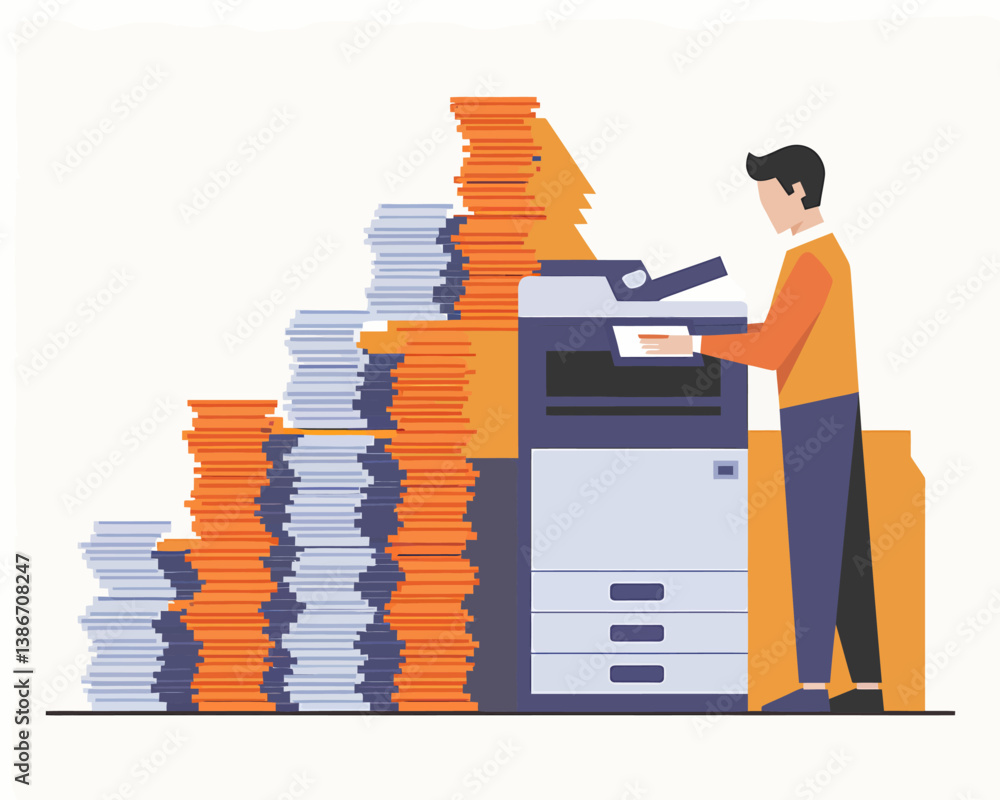 Poster office worker using printer with large paper stacks illustrating heavy workload, document management