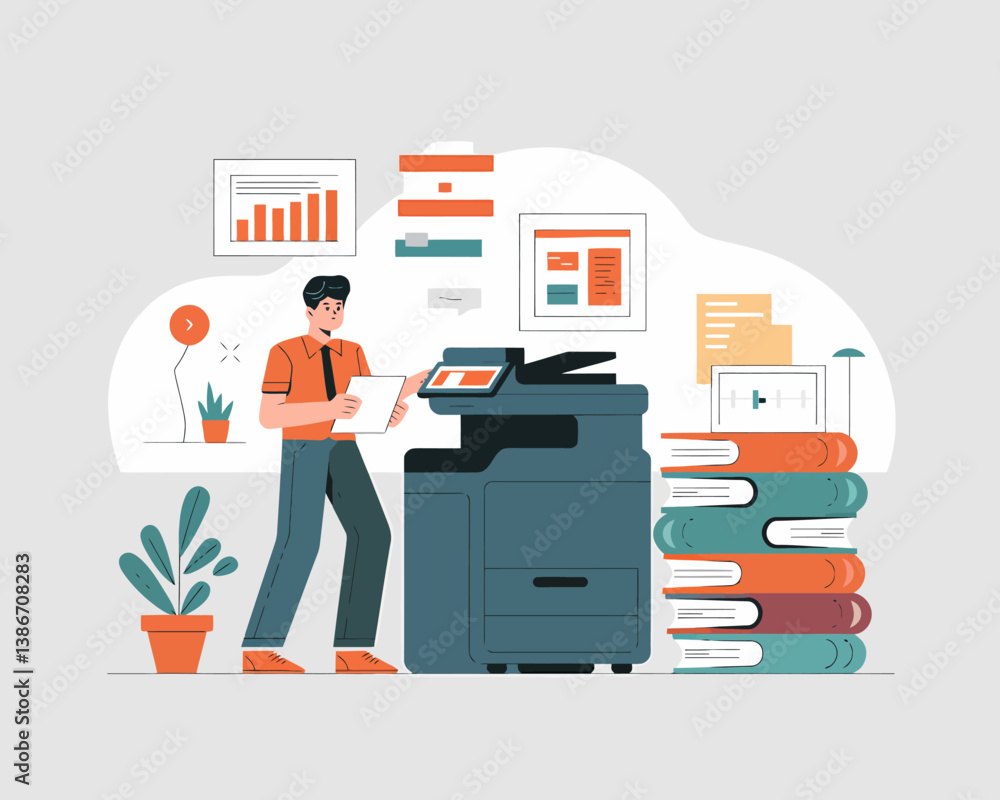 Aufkleber modern office workflow: man using printer with data visualizations, books, and desk plants for effic
