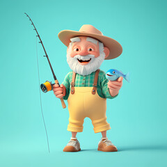 Fototapeta premium Joyful Angler's Catch: A whimsical cartoon depicts a smiling, elderly angler proudly displaying his catch, a cheerful fish, while holding a fishing rod in hand. A fun and happy illustration.