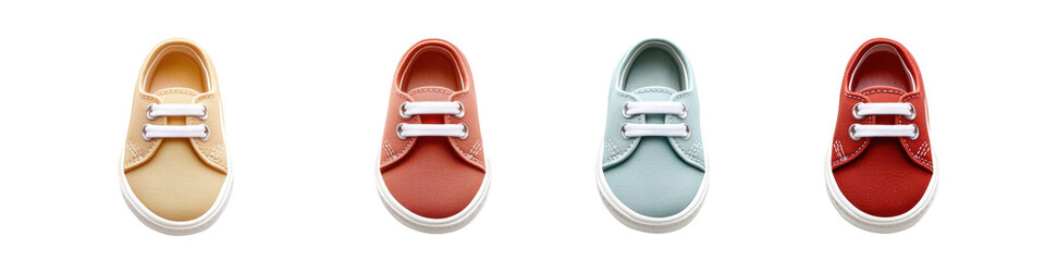 Colorful children's shoes arranged in a row, featuring various hues and classic lace designs.