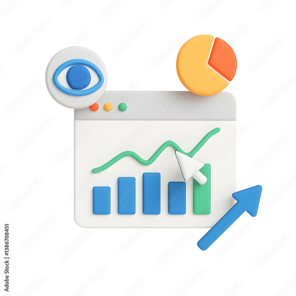 Poster 3d analytics dashboard png icon isolated on transparent background – eye, chart and growth arrow for