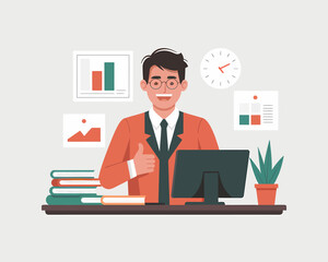 Successful Businessman at Desk: Cartoon Illustration of Office Environment with Data, Clock and Plant